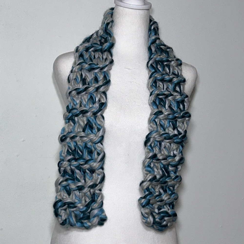 Handmade finger knit heavy winter scarf, light blue, teal and white